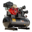 Heavy-duty UNIMAC air compressor with red engine and black tank, industrial equipment
