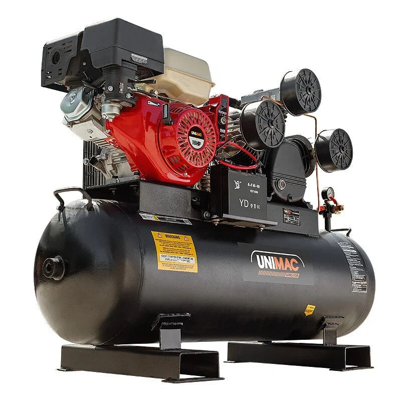 Heavy-duty UNIMAC air compressor with red engine and black tank, industrial equipment