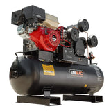 Heavy-duty UNIMAC air compressor with red engine and black tank, industrial equipment