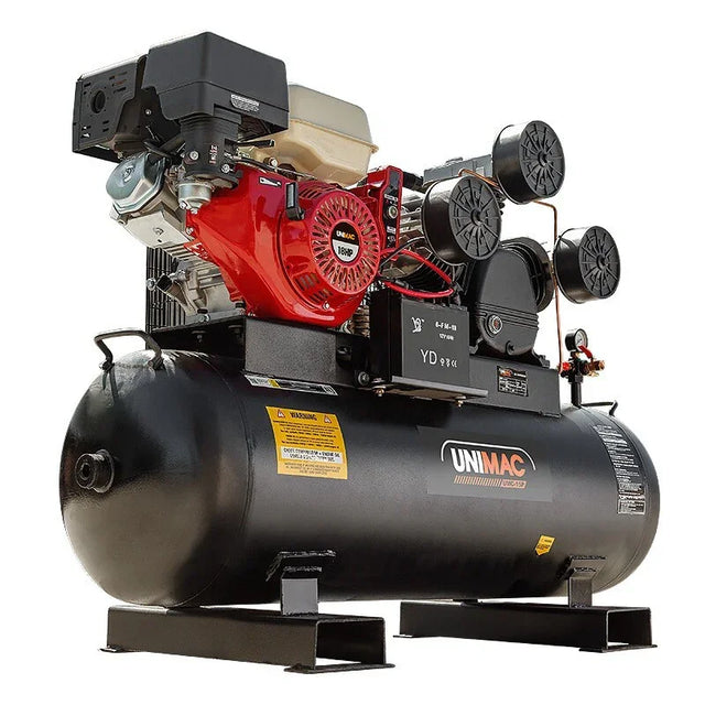Heavy-duty UNIMAC air compressor with red engine and black tank, industrial equipment