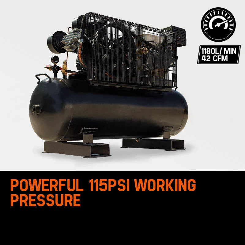 Heavy-duty air compressor with 115 PSI working pressure, 1180L/min, 42 CFM, black tank