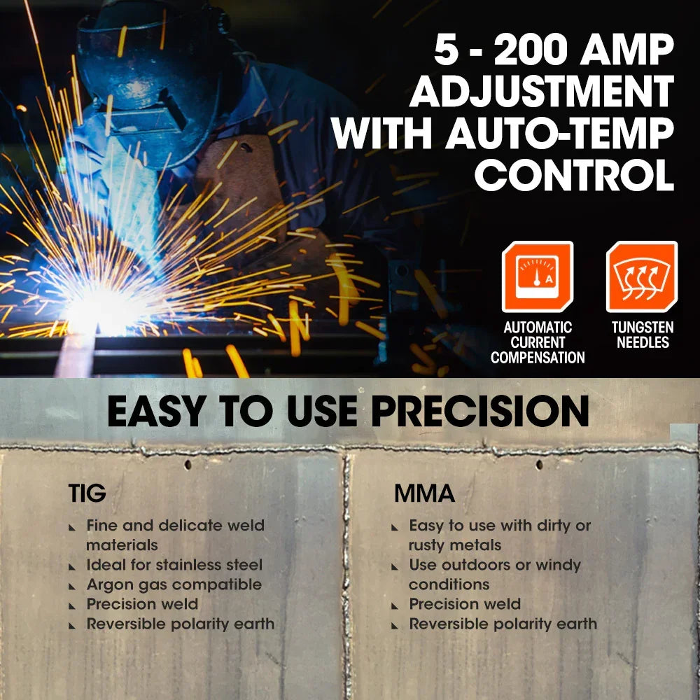 ROSSI NextGenTIG/MMA 200A Welder - TIG-200 HF Start with Argon Gas Regulator