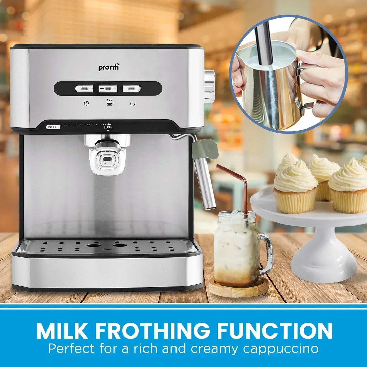 Pronti 1.6L Automatic Coffee Espresso Machine Steam Frother Cappuccino Maker