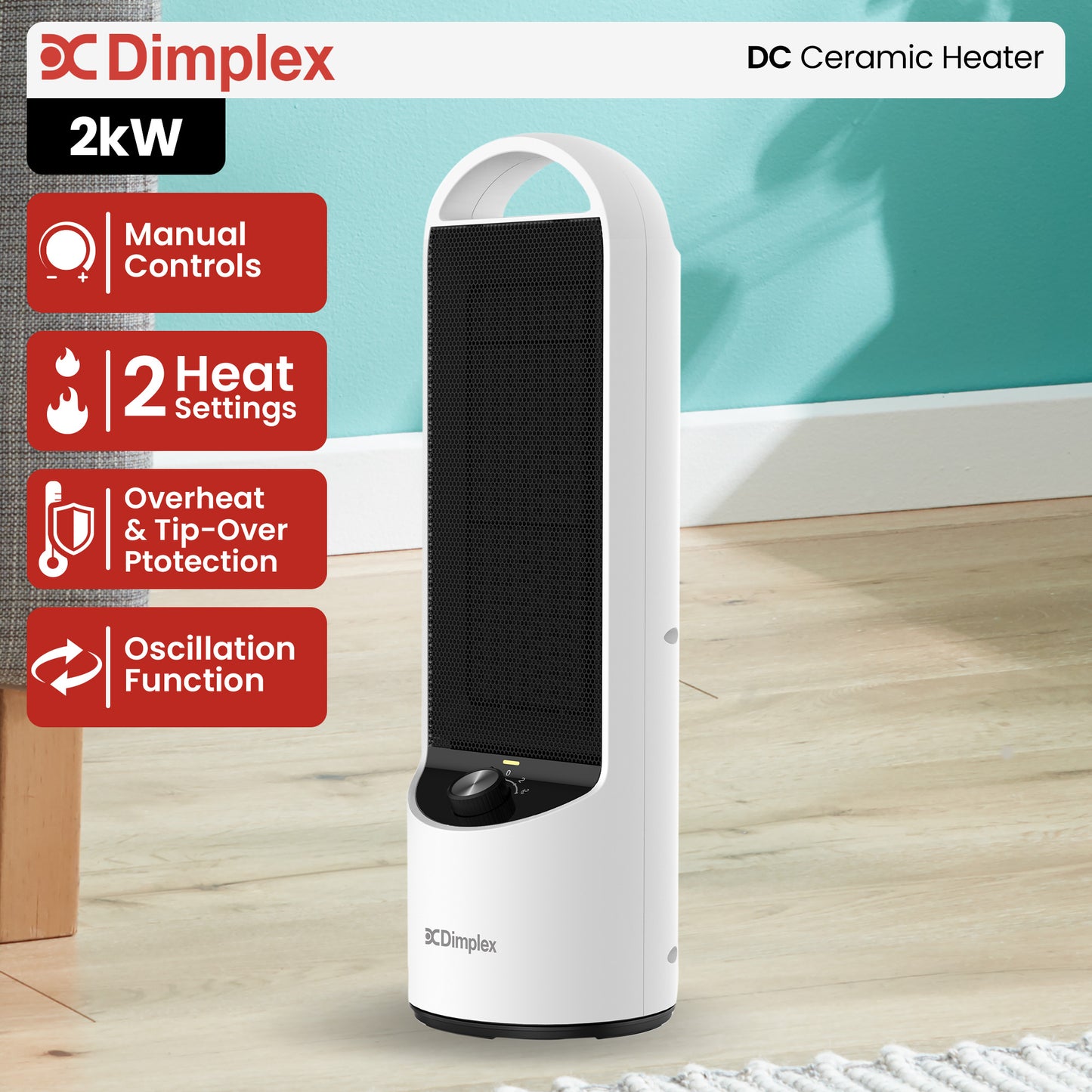 Dimplex 2kW DC Ceramic Heater Oscillating Brushless Motor 2 Heat Settings Overheat Protection