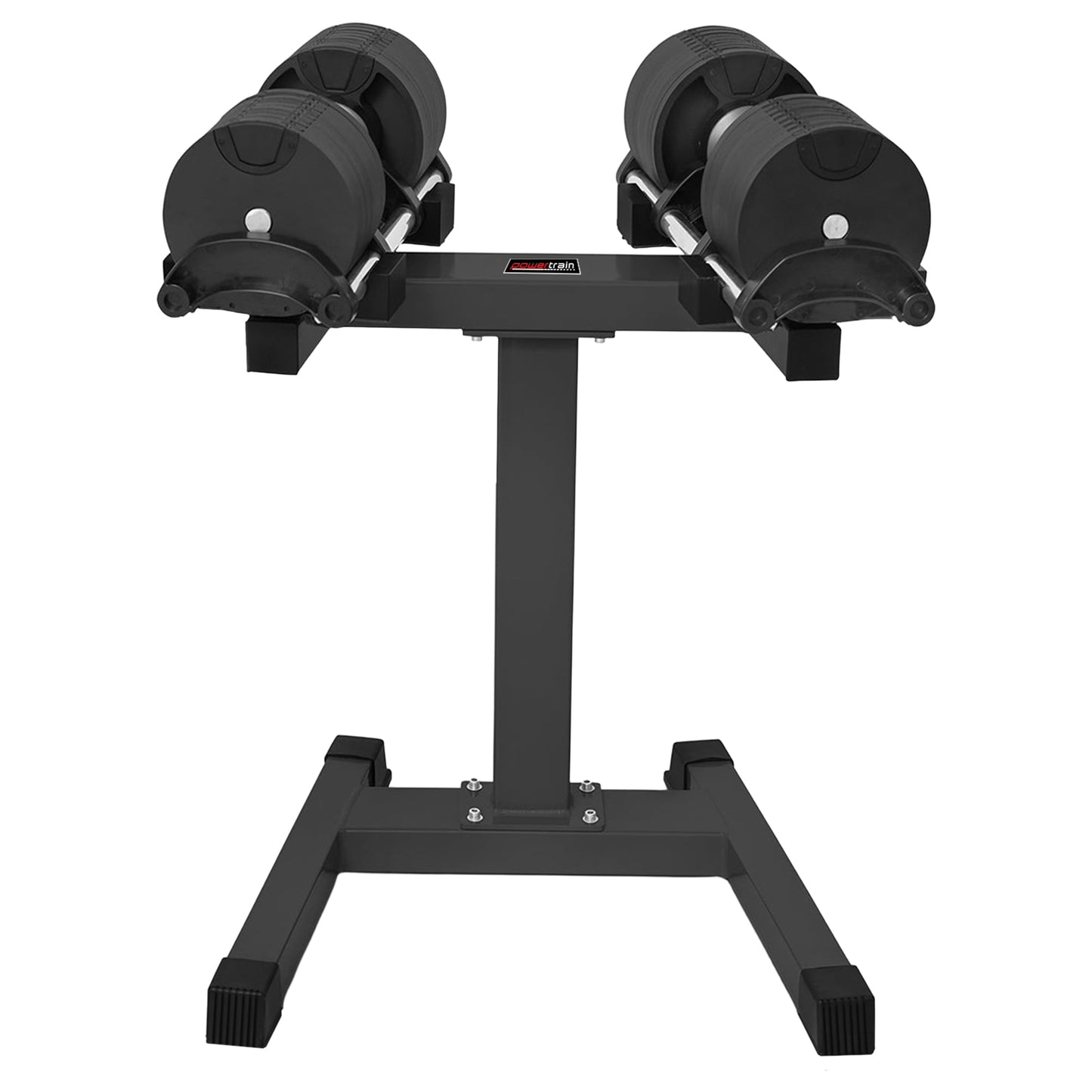 Black adjustable dumbbells on Powertrain rack for home gym strength training