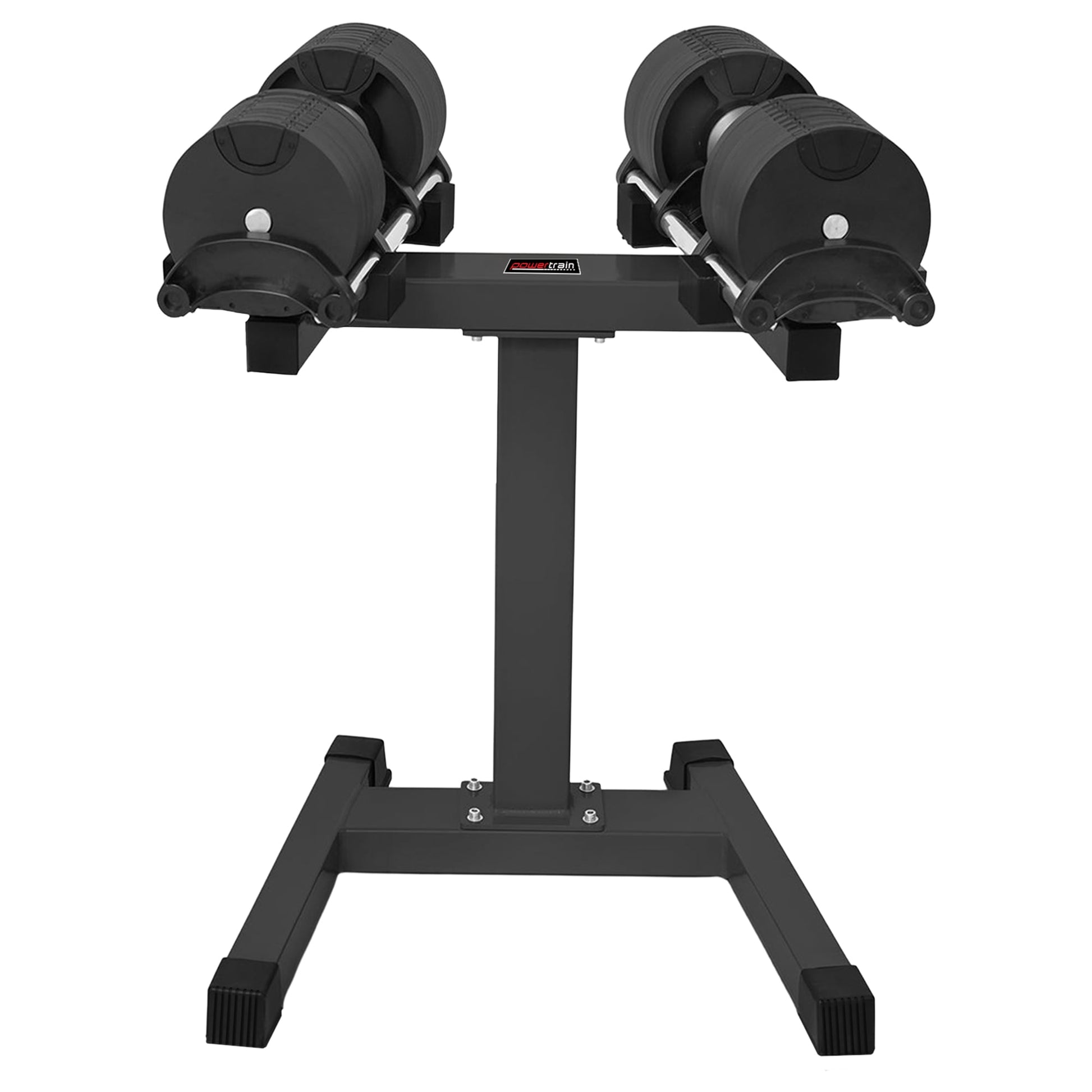Black adjustable dumbbells on Powertrain rack for home gym strength training