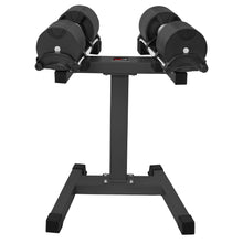 Black adjustable dumbbells on Powertrain rack for home gym strength training