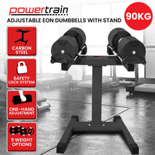 Adjustable 90KG dumbbells with stand, carbon steel, safety lock, one-hand adjustment, 9 weight options