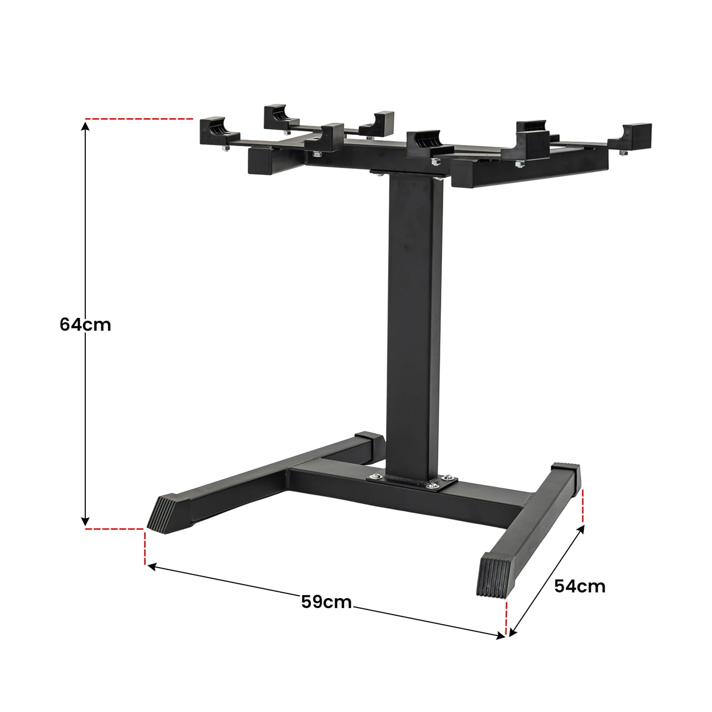 Black metal TV stand with 64cm height, 59cm width, 54cm depth, adjustable mounting brackets