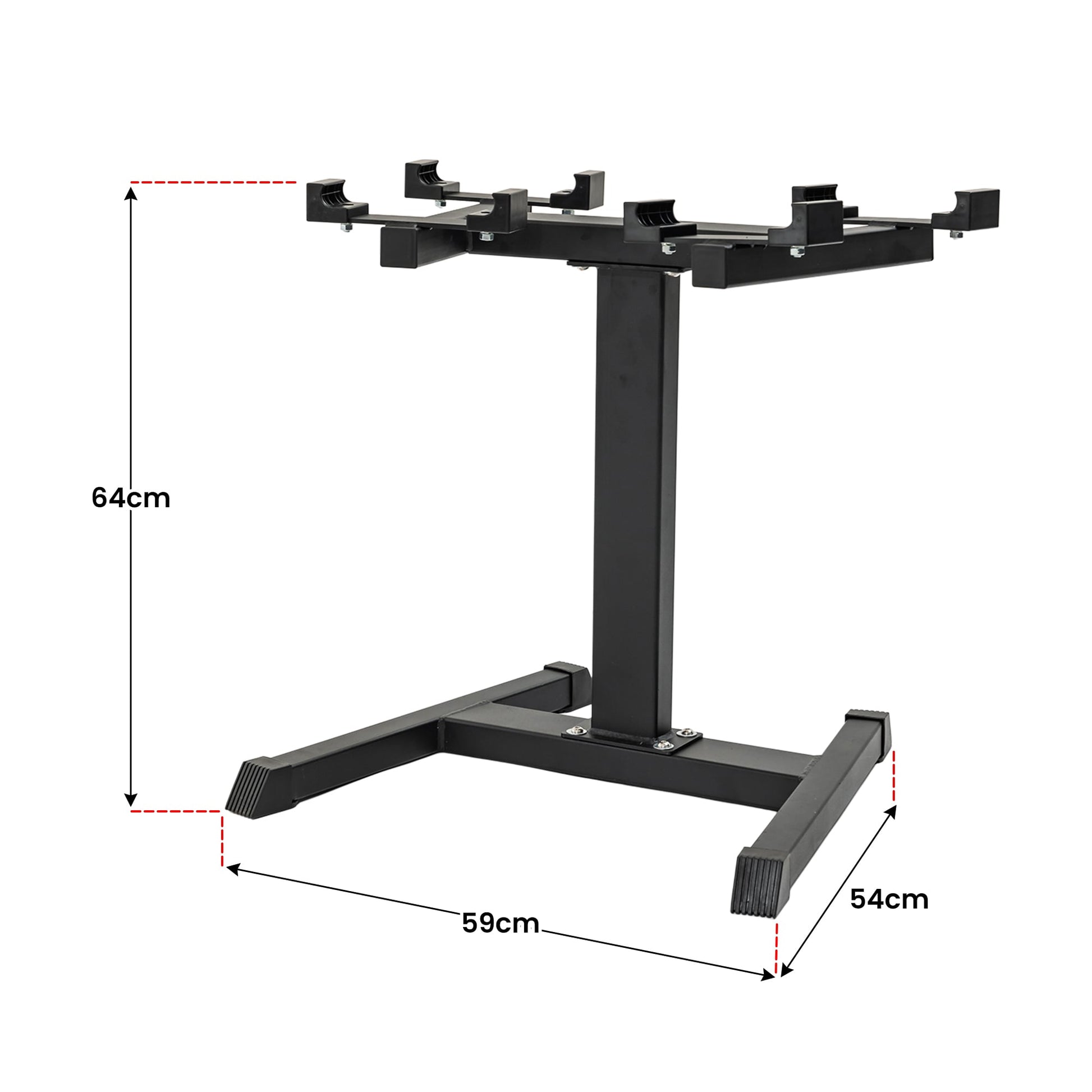 Black metal TV stand with 64cm height, 59cm width, 54cm depth, adjustable mounting brackets