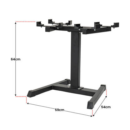 Black metal TV stand with 64cm height, 59cm width, 54cm depth, adjustable mounting brackets