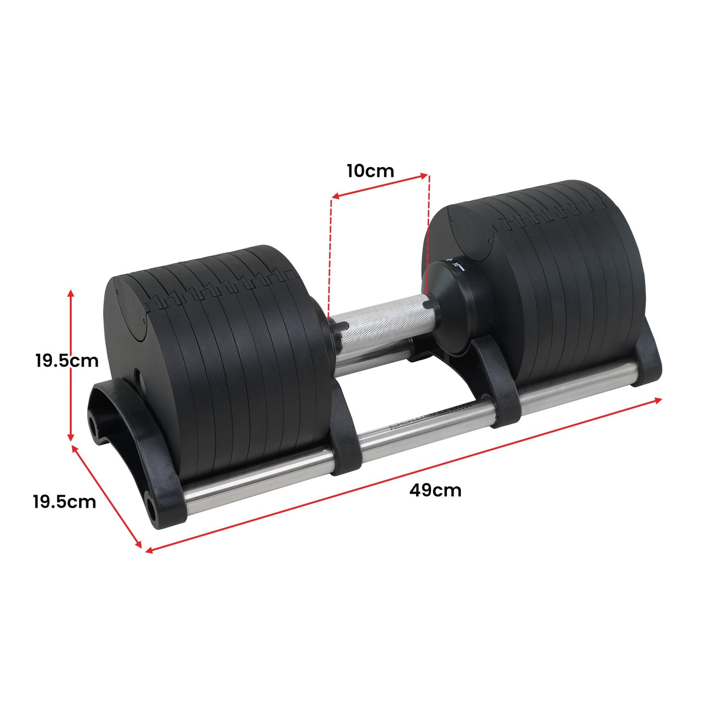 Adjustable dumbbell with dimensions, ideal for home gym workouts and strength training