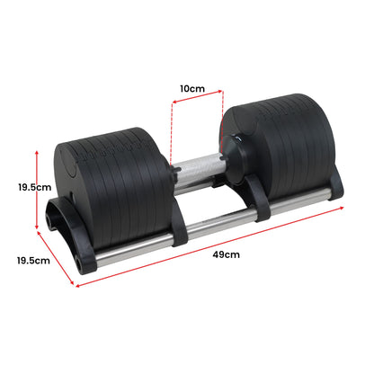 Adjustable dumbbell with dimensions, ideal for home gym workouts and strength training