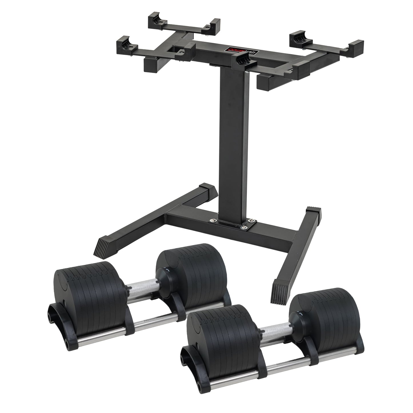 Adjustable dumbbells with weight rack for home gym strength training