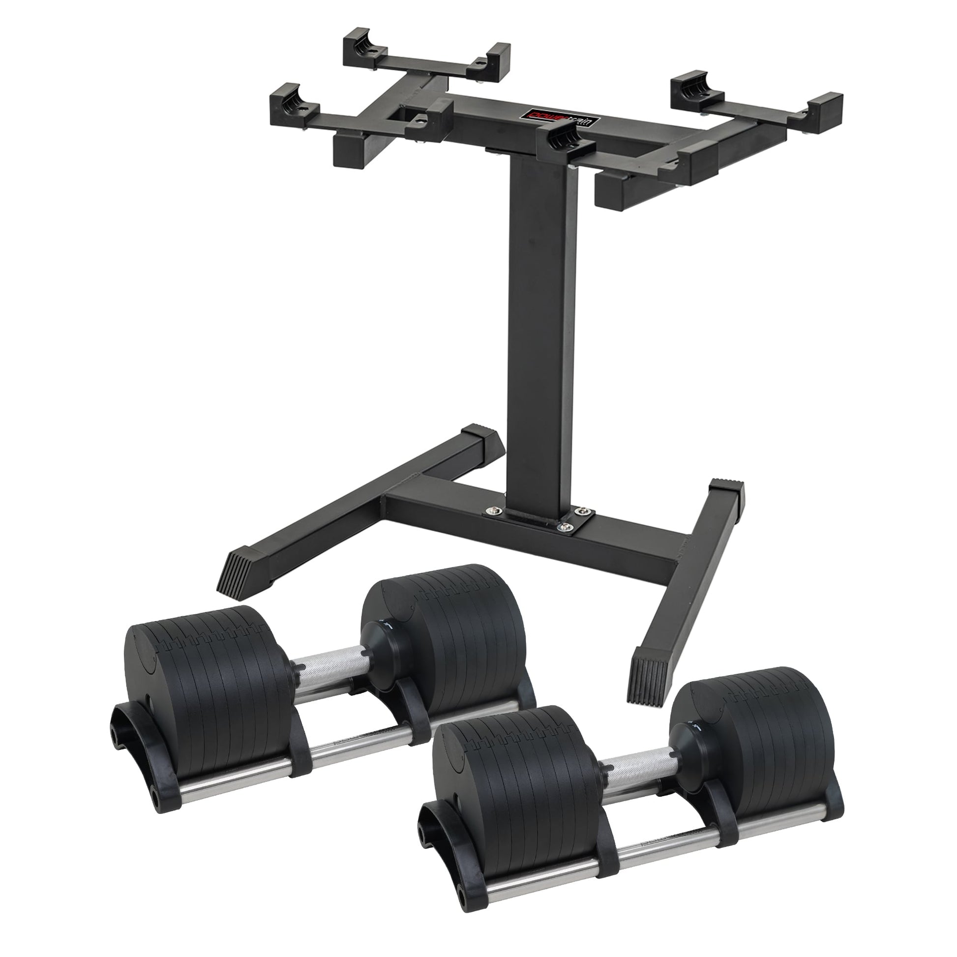 Adjustable dumbbells with weight rack for home gym strength training
