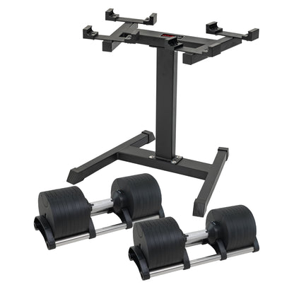 Adjustable dumbbells with weight rack for home gym strength training