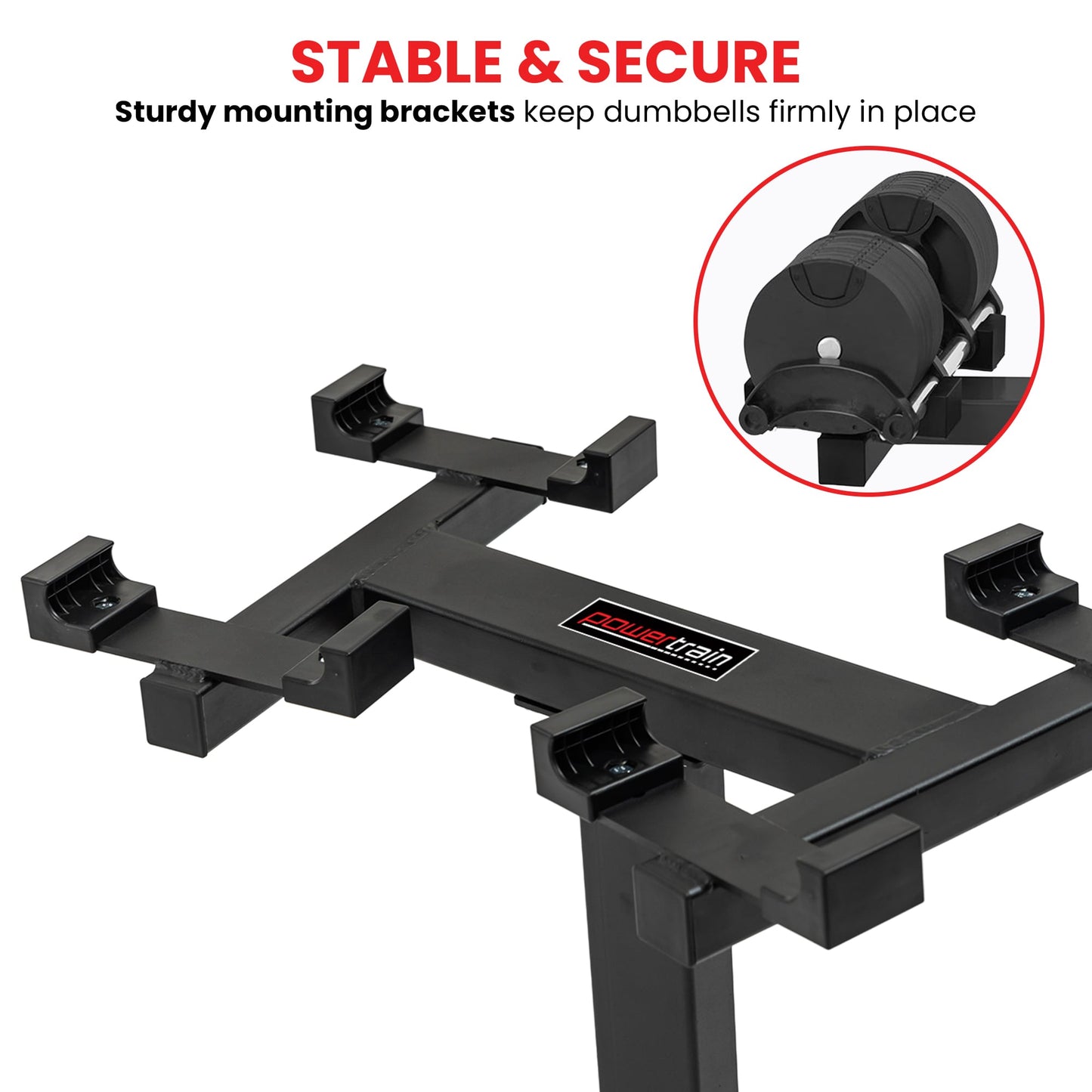 Sturdy black dumbbell rack with secure mounting brackets for stable weight storage
