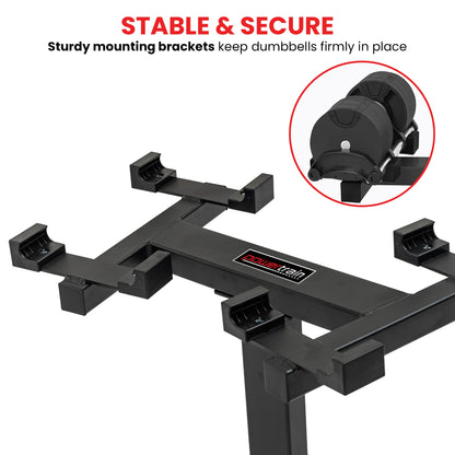 Sturdy black dumbbell rack with secure mounting brackets for stable weight storage