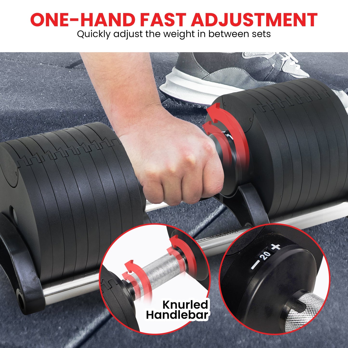 Adjustable dumbbell with one-hand weight adjustment and knurled handlebar for home gym use
