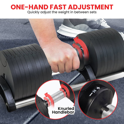 Adjustable dumbbell with one-hand weight adjustment and knurled handlebar for home gym use