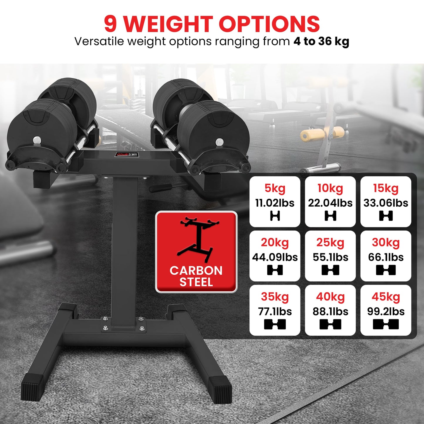 Adjustable dumbbells with 9 weight options, carbon steel construction, ideal for home gym workouts