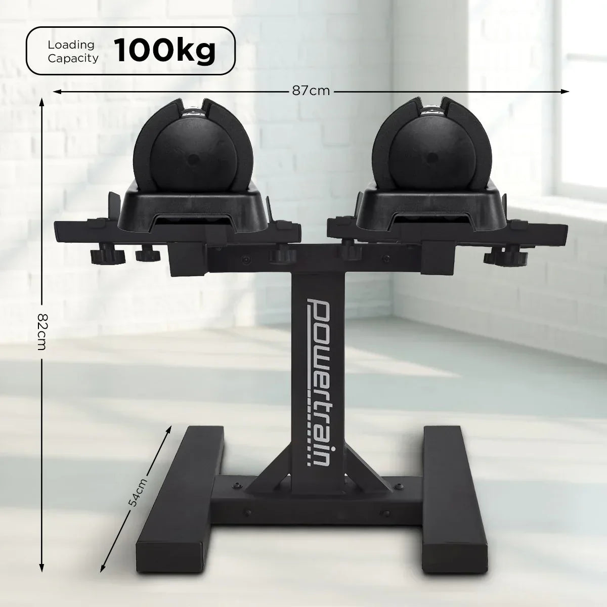 Powertrain adjustable dumbbell stand in a bright room with dimensions and a 100kg loading capacity