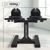 Powertrain adjustable dumbbell stand in a bright room with dimensions and a 100kg loading capacity