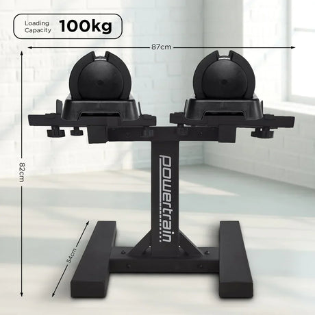 Powertrain adjustable dumbbell stand in a bright room with dimensions and a 100kg loading capacity