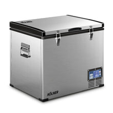 Stainless steel KÖLNER chest freezer with digital control panel, latches, and side handle for secure storage