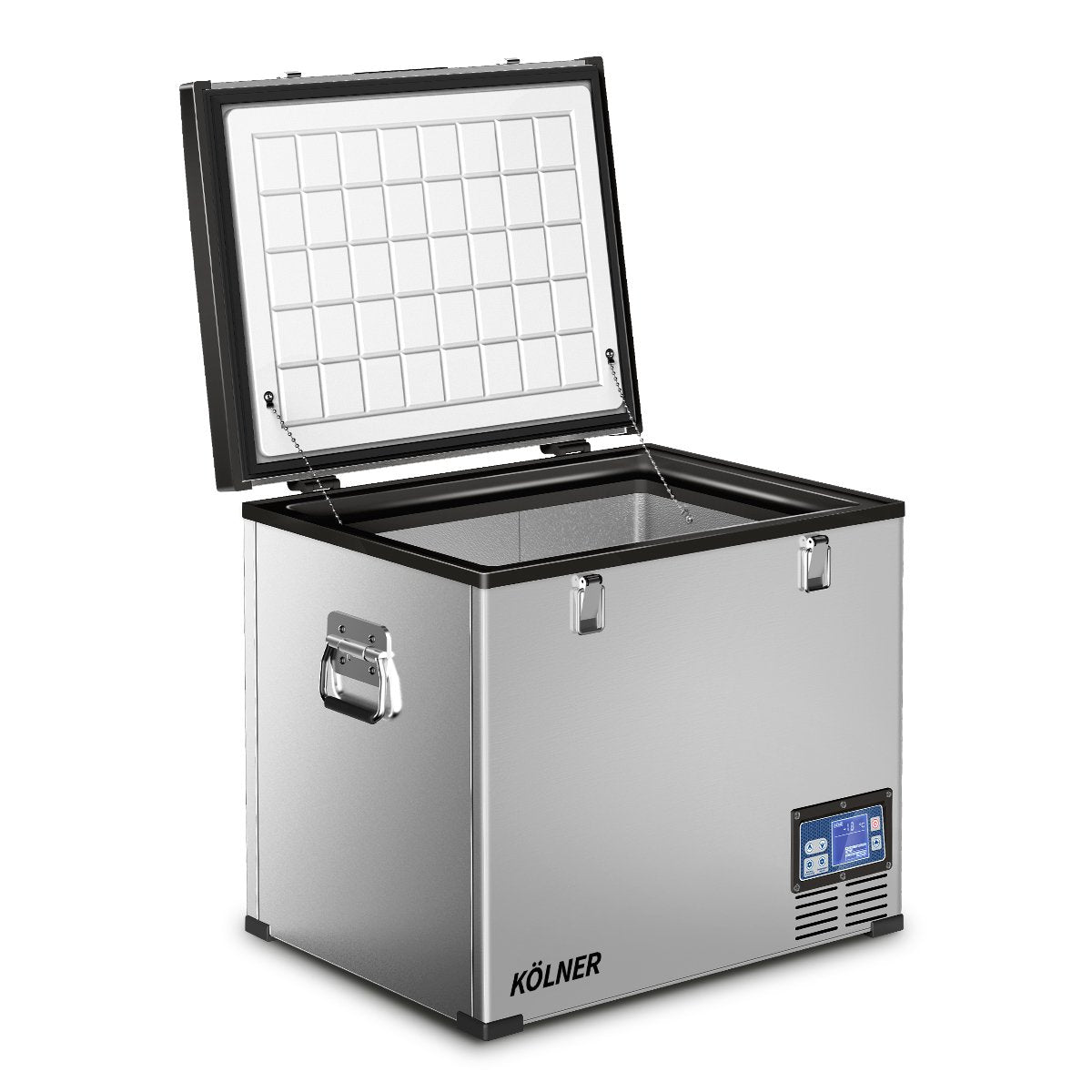 Stainless steel chest freezer with digital control panel and open lid for easy access