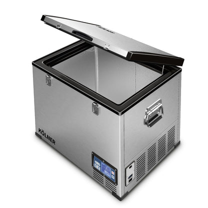 Stainless steel chest freezer with digital display and open lid, ideal for home or commercial use