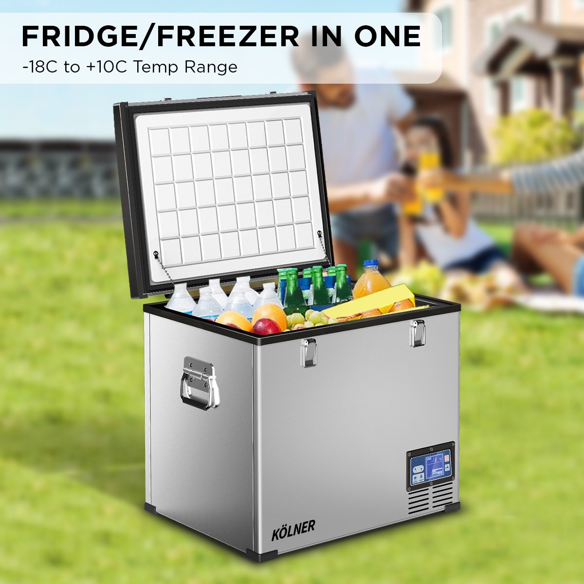 KÖLNER 12V portable fridge freezer with -18C to +10C range, packed with drinks & snacks for outdoor use
