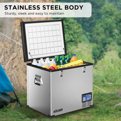 Stainless steel portable fridge with drinks & food, perfect for camping or outdoor use