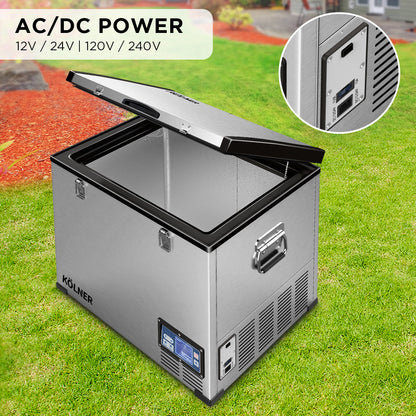 KÖLNER portable freezer with AC/DC power, 12V/24V/120V/240V, outdoor use on grass, digital display & handles