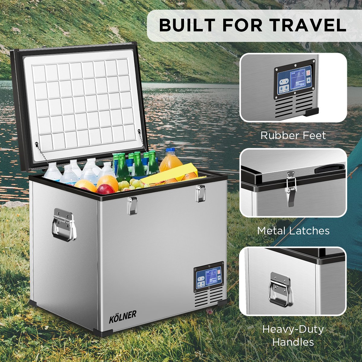 Portable 12V car fridge freezer with digital display, rubber feet, metal latches, heavy-duty handles, perfect for travel and outdoor use