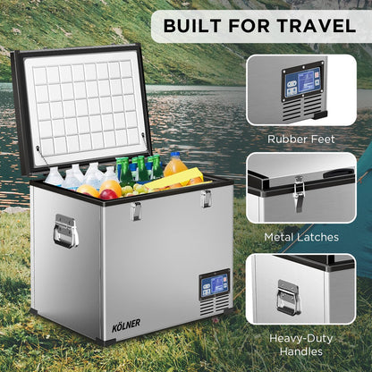 Portable 12V car fridge freezer with digital display, rubber feet, metal latches, heavy-duty handles, perfect for travel and outdoor use