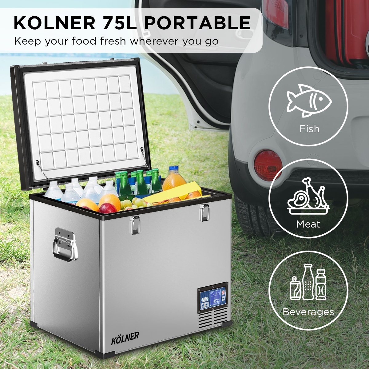 Kolner 75L portable fridge freezer with drinks, fruit, and food, ideal for camping or car trips