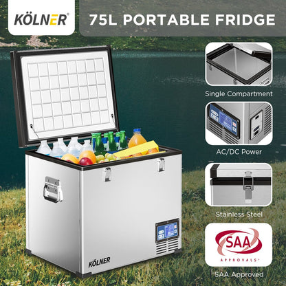 75L portable fridge with AC/DC power, stainless steel, single compartment, SAA approved, loaded with drinks and fruit outdoors
