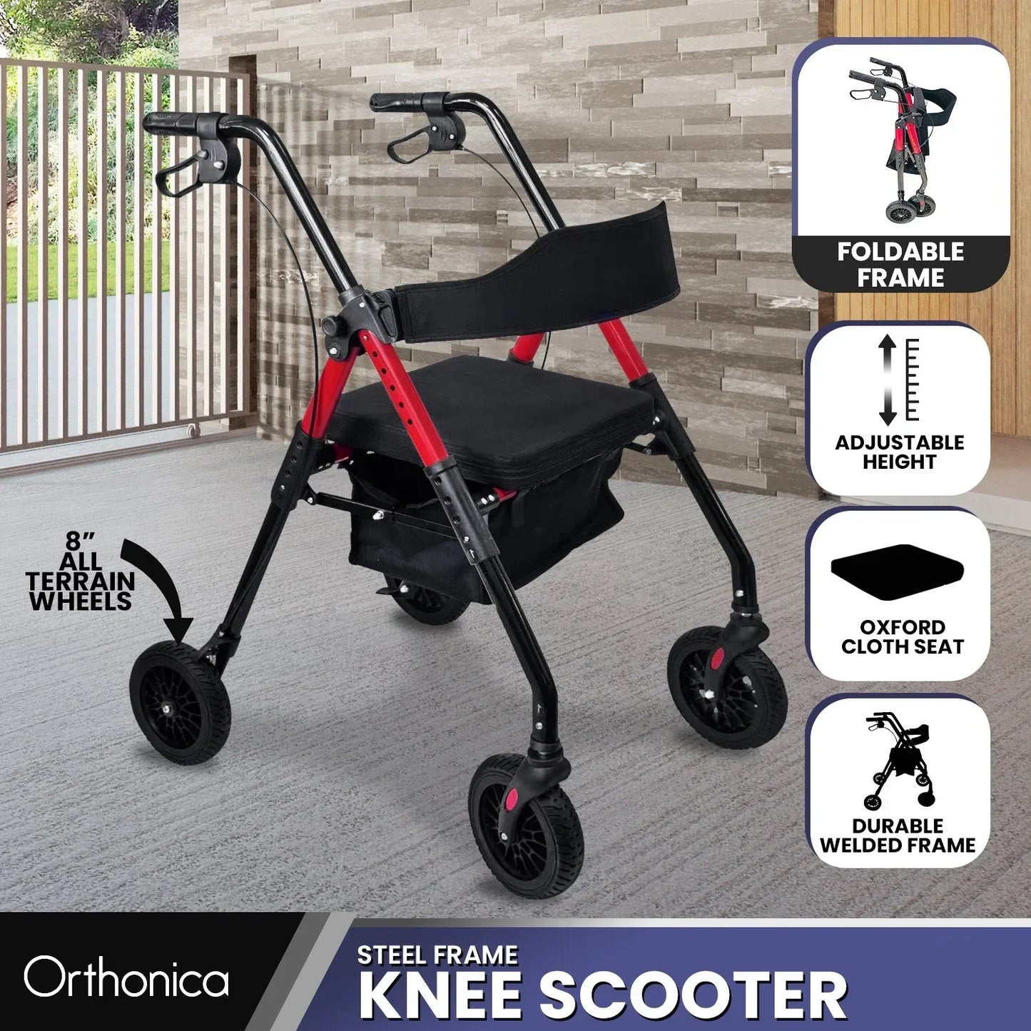 Rollator Walker Foldable Steel 136kg Capacity Red