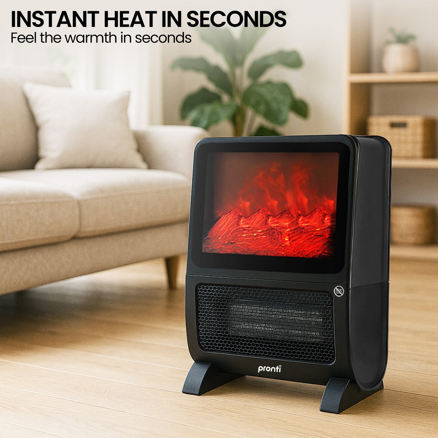 Pronti 2000W 3D Flame Effect PTC Heater UV Sterilisation Air Filter Remote 8Hr Timer SAA