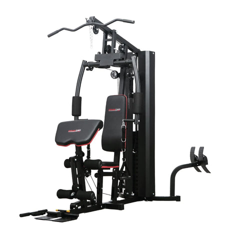 Multi-function home gym workout station with bench and weight stack, black and red design