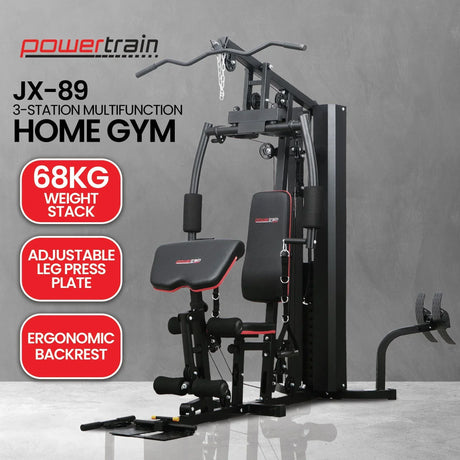 Powertrain JX-89 multifunction home gym with 68kg weight stack, adjustable leg press, ergonomic backrest.