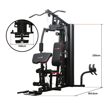 Multi-function home gym machine with black and red padding, measurements 220cm x 194.5cm x 146cm