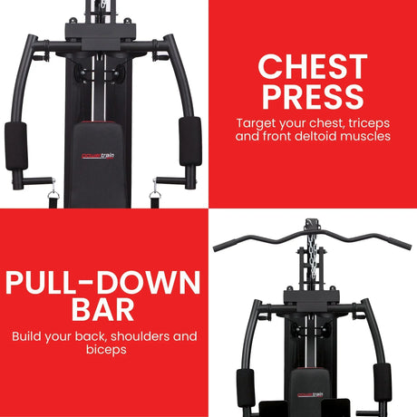 Powertrain home gym machine with chest press and pull-down bar for upper body workouts