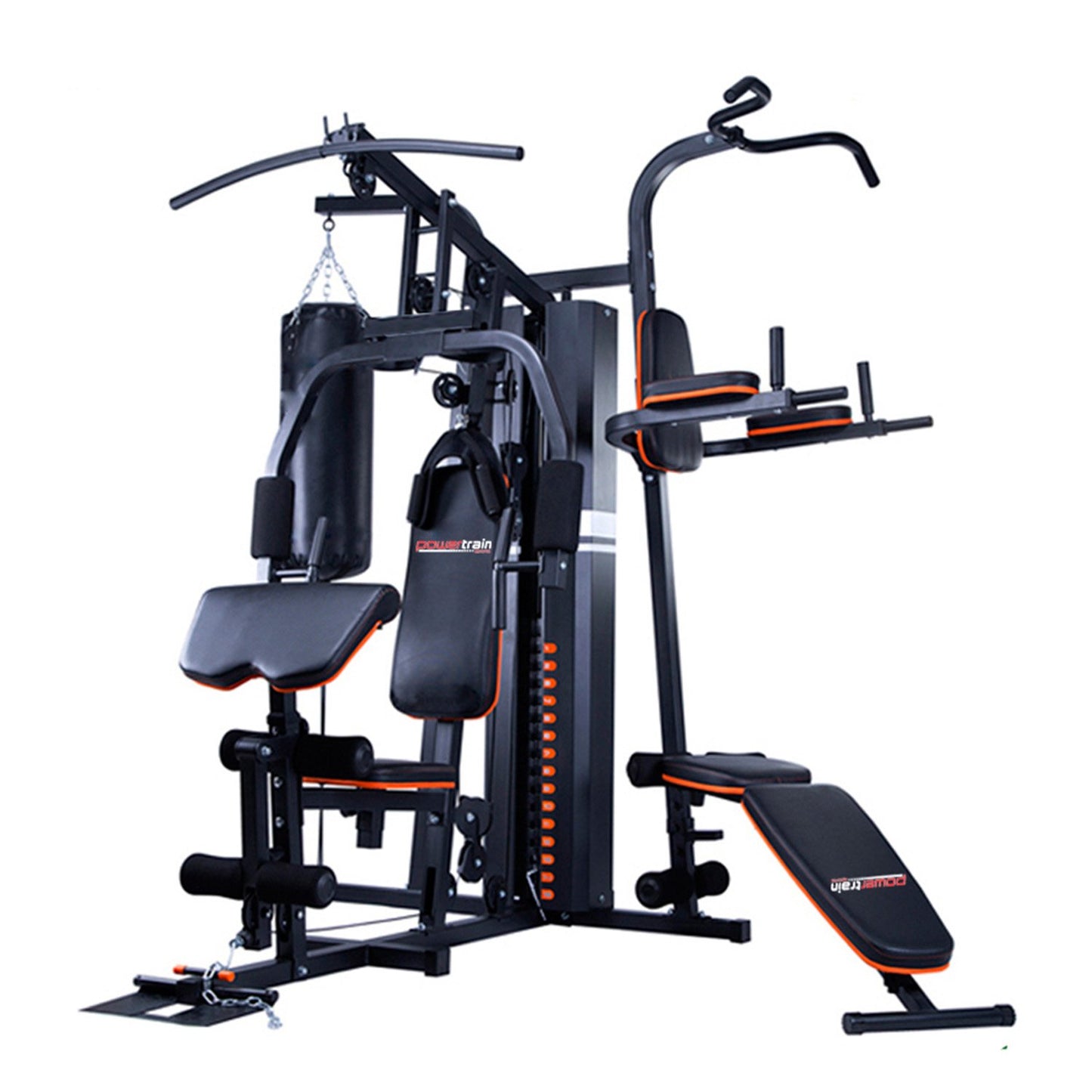 Black and orange home gym equipment with weight bench and pull-up bar for full-body workouts