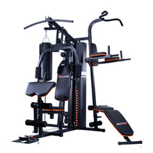 Black and orange home gym equipment with weight bench and pull-up bar for full-body workouts