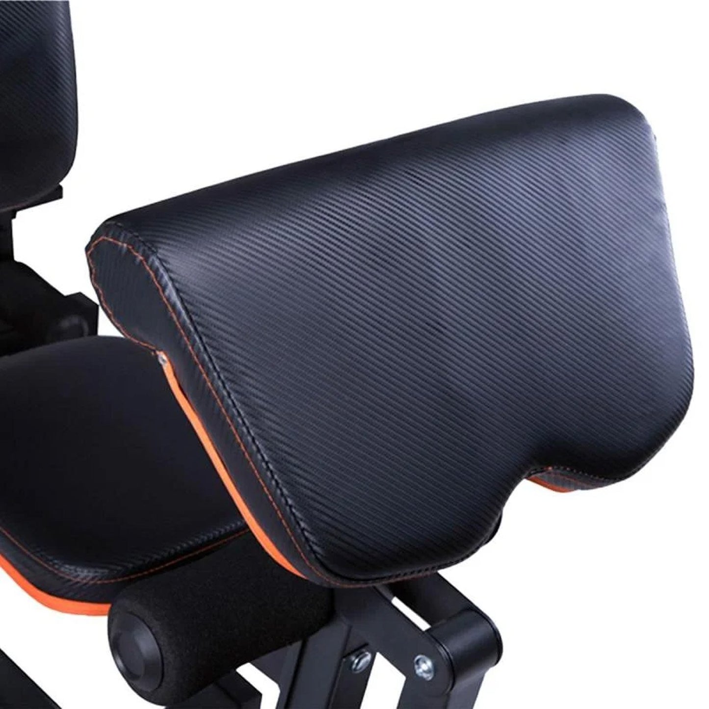 Black and orange padded workout bench with textured upholstery for home gym use