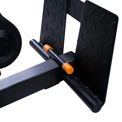 Black weight bench with orange accents and diamond plate texture