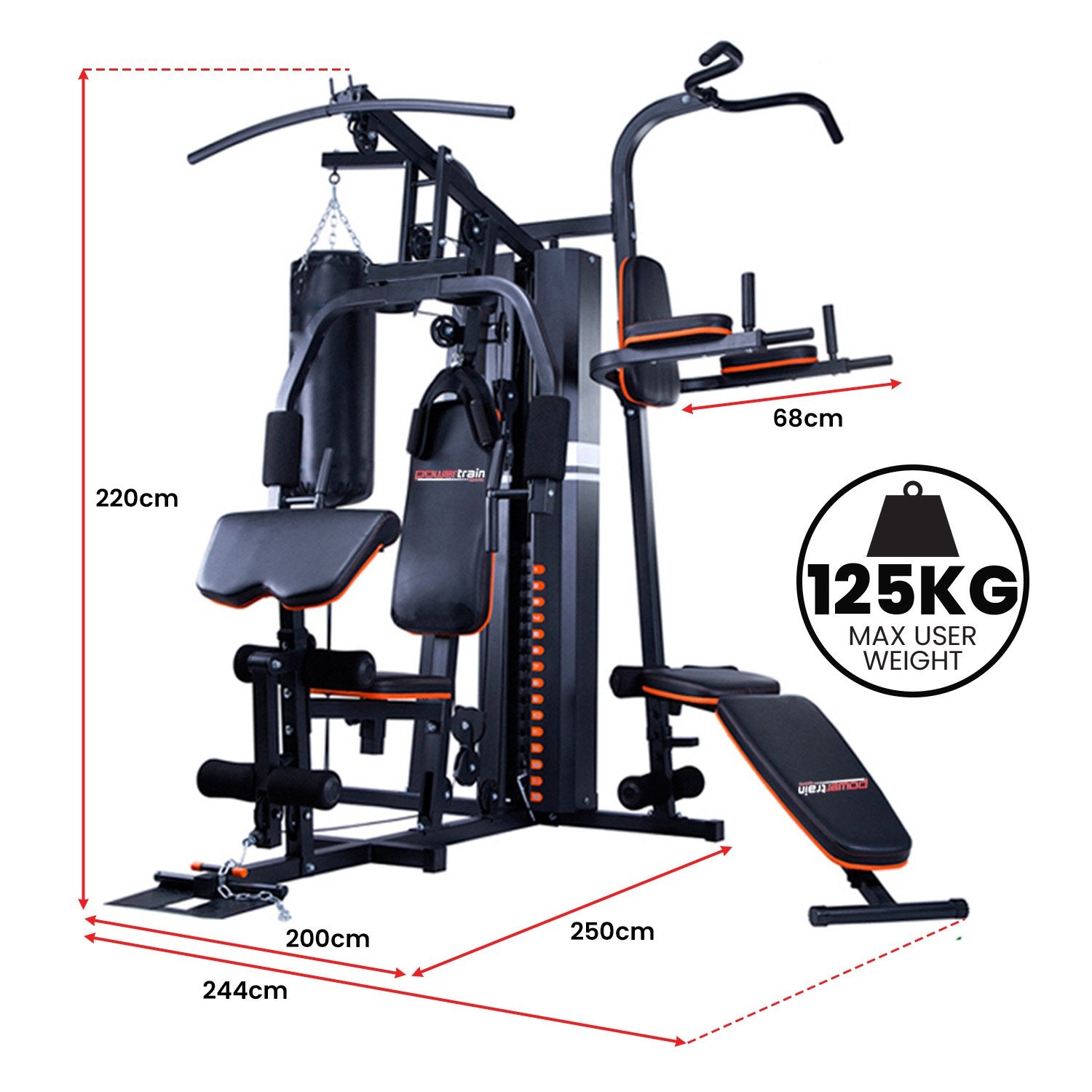 Multi-functional home gym machine with 125kg max weight capacity, 220cm height, ideal for strength training