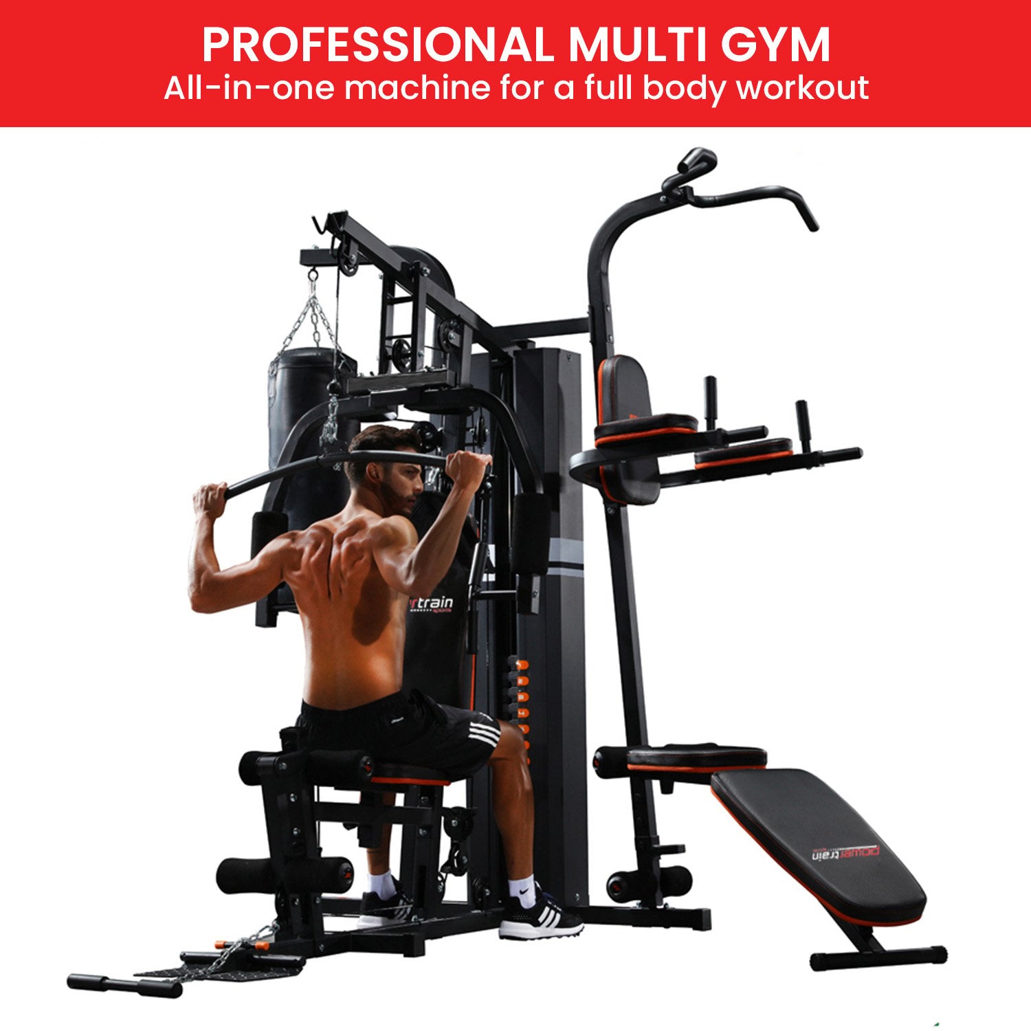 Professional multi-gym for full-body workouts, featuring pull-up bar, weight stack, and adjustable bench.
